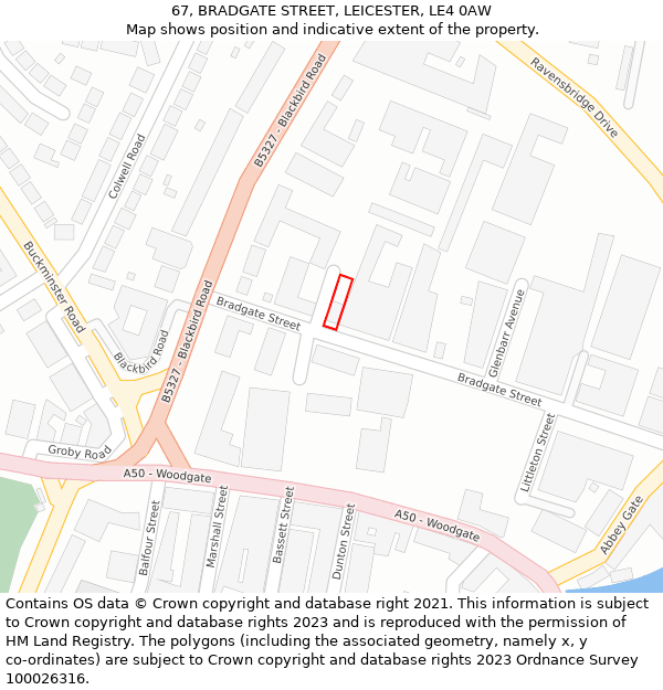 67, BRADGATE STREET, LEICESTER, LE4 0AW: Location map and indicative extent of plot
