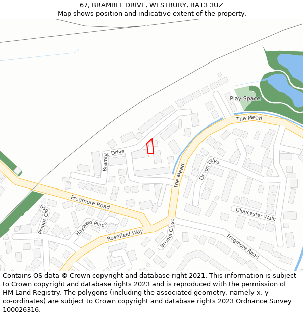 67, BRAMBLE DRIVE, WESTBURY, BA13 3UZ: Location map and indicative extent of plot