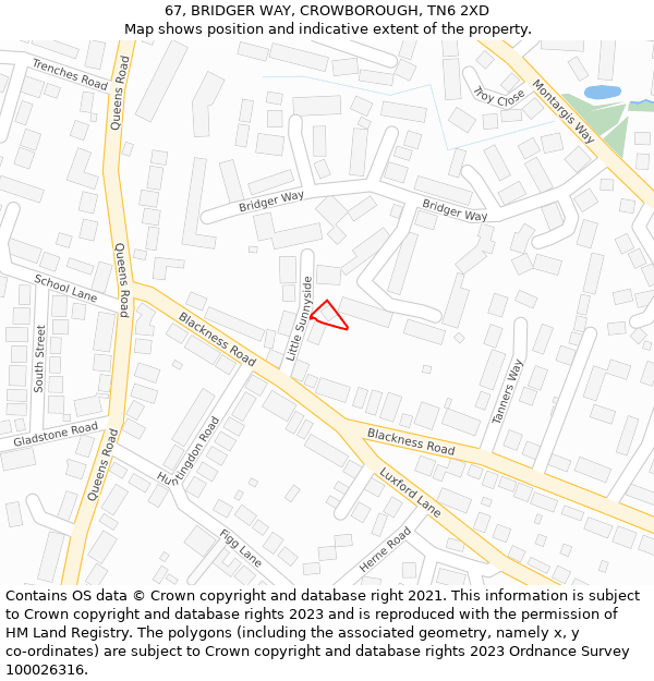 67, BRIDGER WAY, CROWBOROUGH, TN6 2XD: Location map and indicative extent of plot