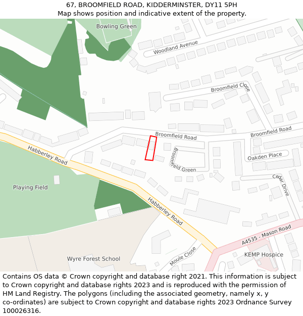 67, BROOMFIELD ROAD, KIDDERMINSTER, DY11 5PH: Location map and indicative extent of plot