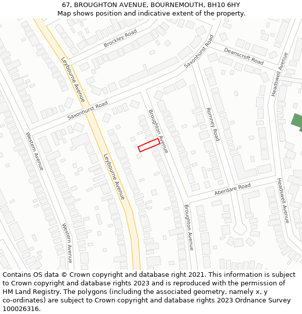 67, BROUGHTON AVENUE, BOURNEMOUTH, BH10 6HY: Location map and indicative extent of plot