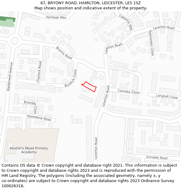 67, BRYONY ROAD, HAMILTON, LEICESTER, LE5 1SZ: Location map and indicative extent of plot