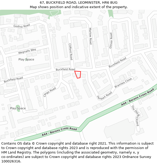67, BUCKFIELD ROAD, LEOMINSTER, HR6 8UG: Location map and indicative extent of plot
