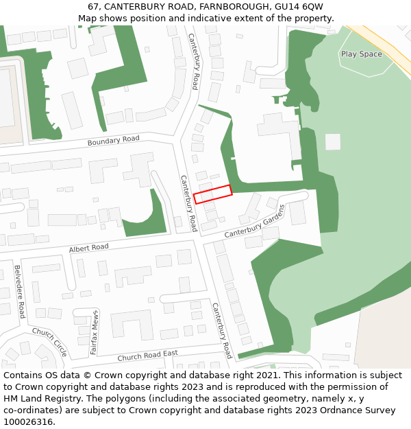 67, CANTERBURY ROAD, FARNBOROUGH, GU14 6QW: Location map and indicative extent of plot