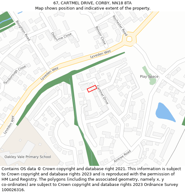 67, CARTMEL DRIVE, CORBY, NN18 8TA: Location map and indicative extent of plot