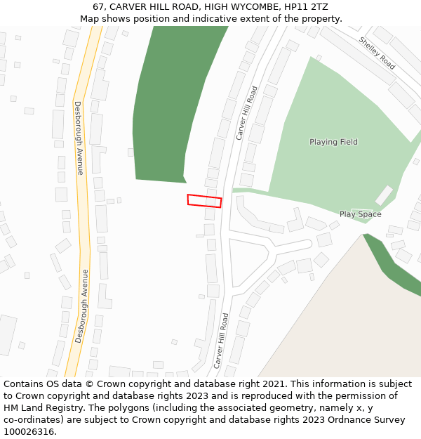 67, CARVER HILL ROAD, HIGH WYCOMBE, HP11 2TZ: Location map and indicative extent of plot