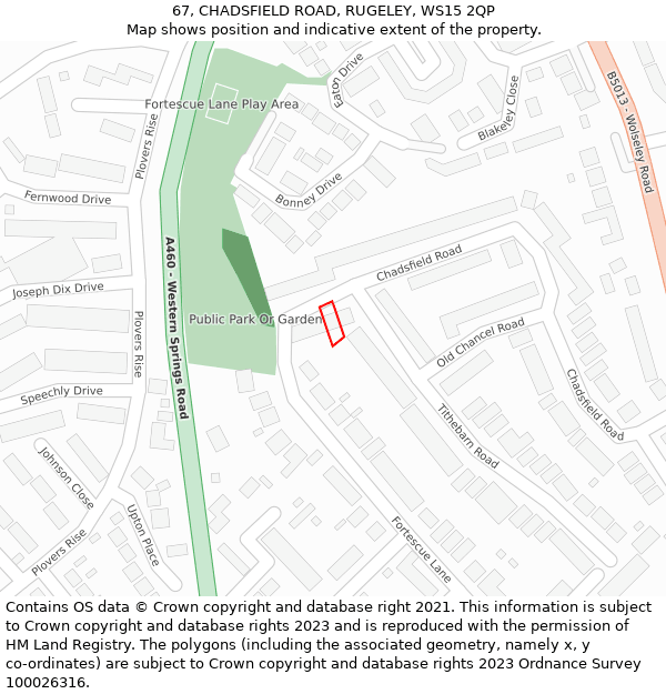 67, CHADSFIELD ROAD, RUGELEY, WS15 2QP: Location map and indicative extent of plot