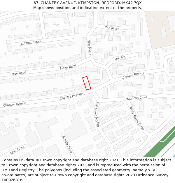 67, CHANTRY AVENUE, KEMPSTON, BEDFORD, MK42 7QX: Location map and indicative extent of plot