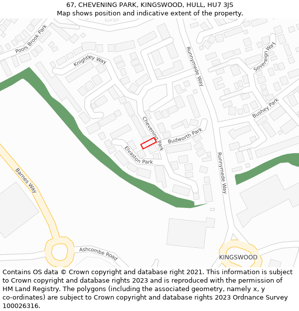 67, CHEVENING PARK, KINGSWOOD, HULL, HU7 3JS: Location map and indicative extent of plot