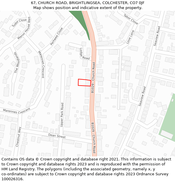 67, CHURCH ROAD, BRIGHTLINGSEA, COLCHESTER, CO7 0JF: Location map and indicative extent of plot