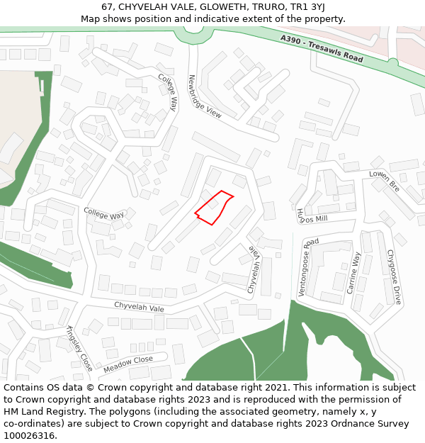 67, CHYVELAH VALE, GLOWETH, TRURO, TR1 3YJ: Location map and indicative extent of plot