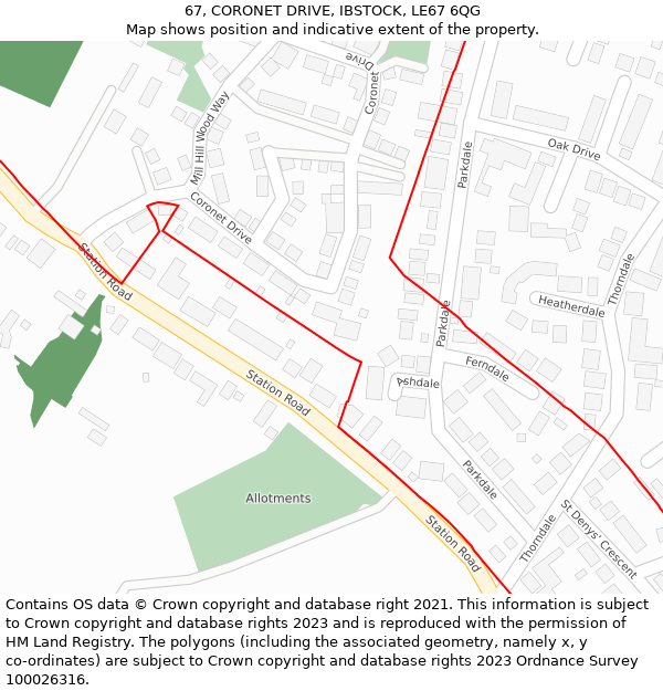 67, CORONET DRIVE, IBSTOCK, LE67 6QG: Location map and indicative extent of plot