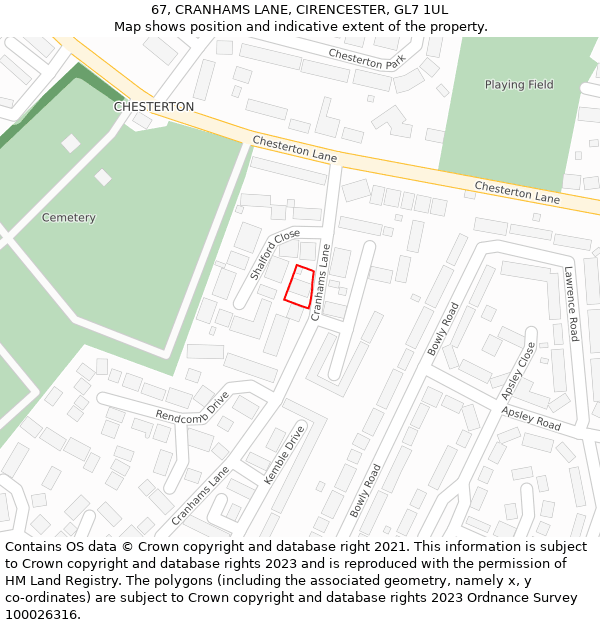 67, CRANHAMS LANE, CIRENCESTER, GL7 1UL: Location map and indicative extent of plot