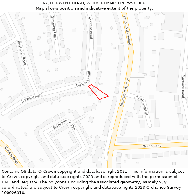 67, DERWENT ROAD, WOLVERHAMPTON, WV6 9EU: Location map and indicative extent of plot