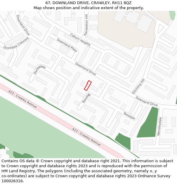 67, DOWNLAND DRIVE, CRAWLEY, RH11 8QZ: Location map and indicative extent of plot