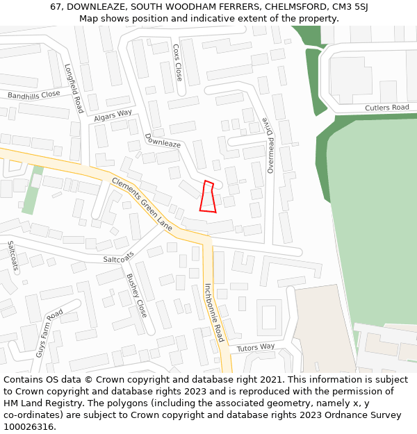 67, DOWNLEAZE, SOUTH WOODHAM FERRERS, CHELMSFORD, CM3 5SJ: Location map and indicative extent of plot