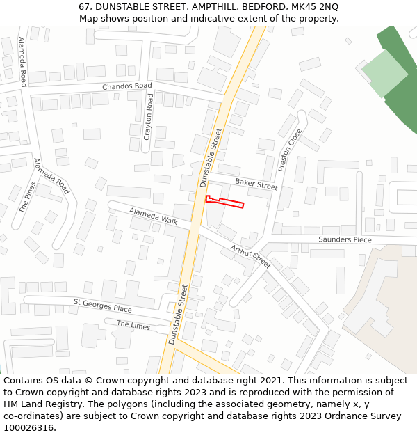 67, DUNSTABLE STREET, AMPTHILL, BEDFORD, MK45 2NQ: Location map and indicative extent of plot