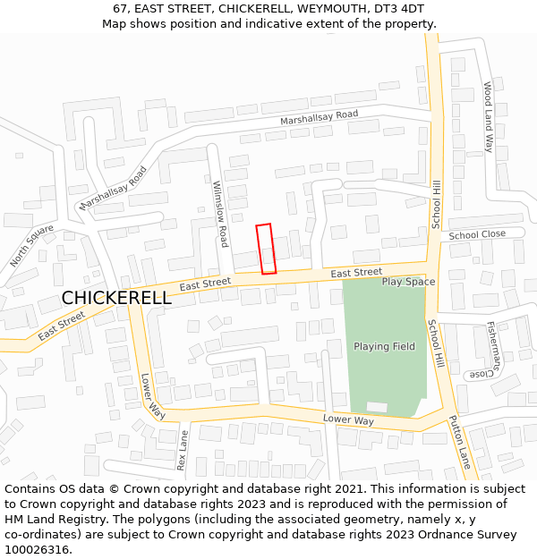 67, EAST STREET, CHICKERELL, WEYMOUTH, DT3 4DT: Location map and indicative extent of plot