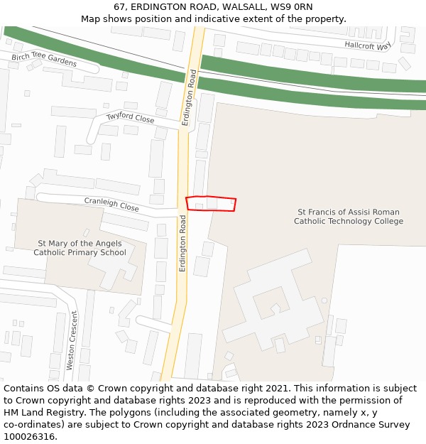 67, ERDINGTON ROAD, WALSALL, WS9 0RN: Location map and indicative extent of plot