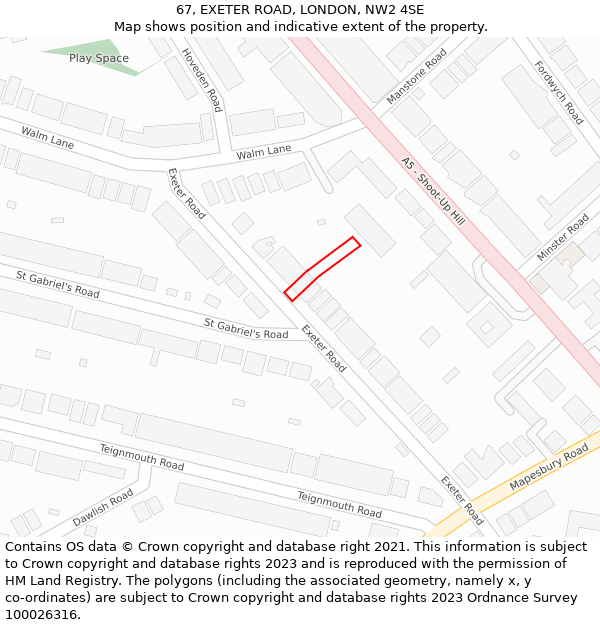 67, EXETER ROAD, LONDON, NW2 4SE: Location map and indicative extent of plot