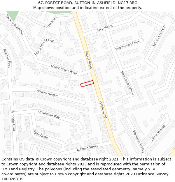 67, FOREST ROAD, SUTTON-IN-ASHFIELD, NG17 3BG: Location map and indicative extent of plot