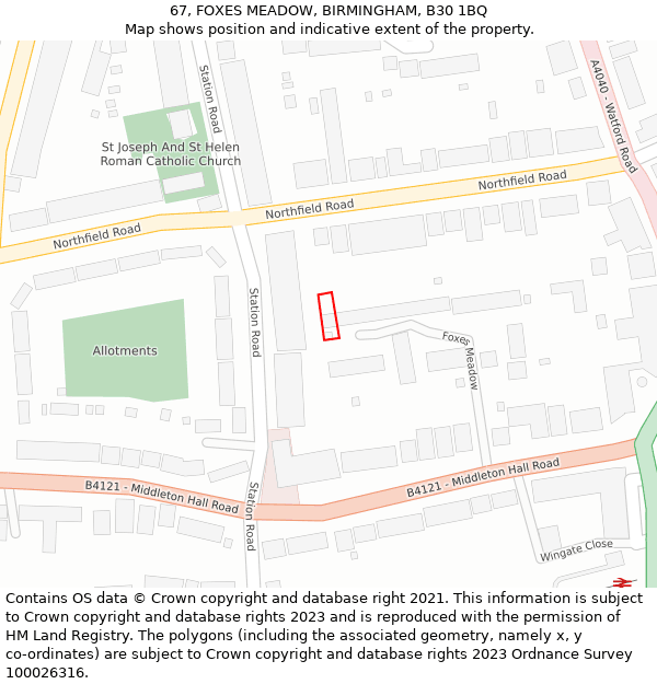 67, FOXES MEADOW, BIRMINGHAM, B30 1BQ: Location map and indicative extent of plot