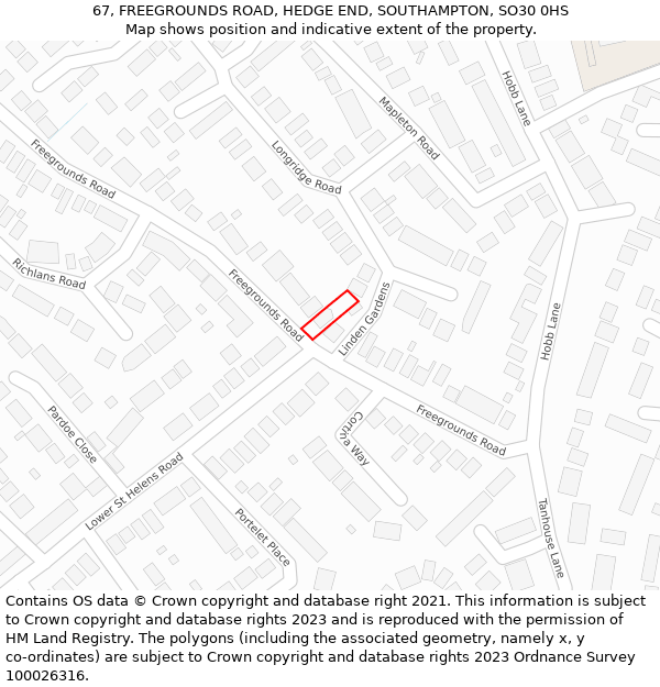 67, FREEGROUNDS ROAD, HEDGE END, SOUTHAMPTON, SO30 0HS: Location map and indicative extent of plot