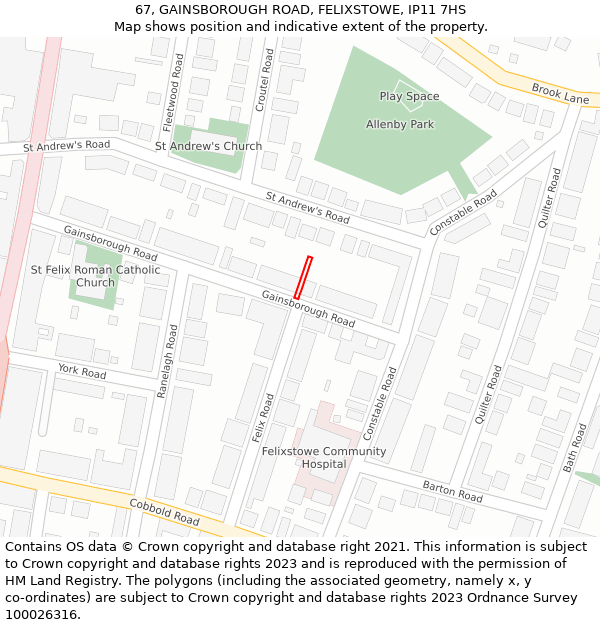 67, GAINSBOROUGH ROAD, FELIXSTOWE, IP11 7HS: Location map and indicative extent of plot