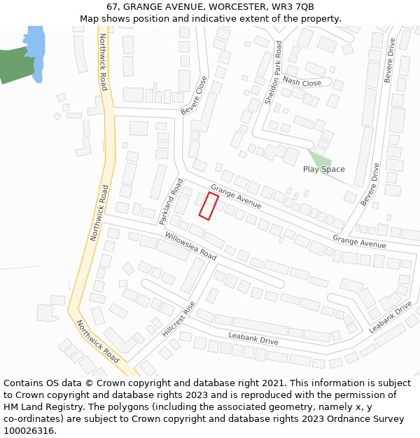 67, GRANGE AVENUE, WORCESTER, WR3 7QB: Location map and indicative extent of plot