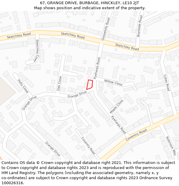 67, GRANGE DRIVE, BURBAGE, HINCKLEY, LE10 2JT: Location map and indicative extent of plot