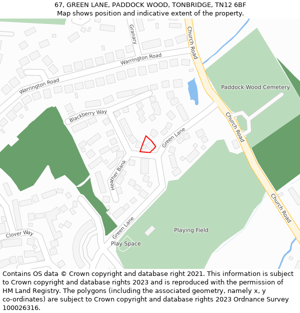 67, GREEN LANE, PADDOCK WOOD, TONBRIDGE, TN12 6BF: Location map and indicative extent of plot