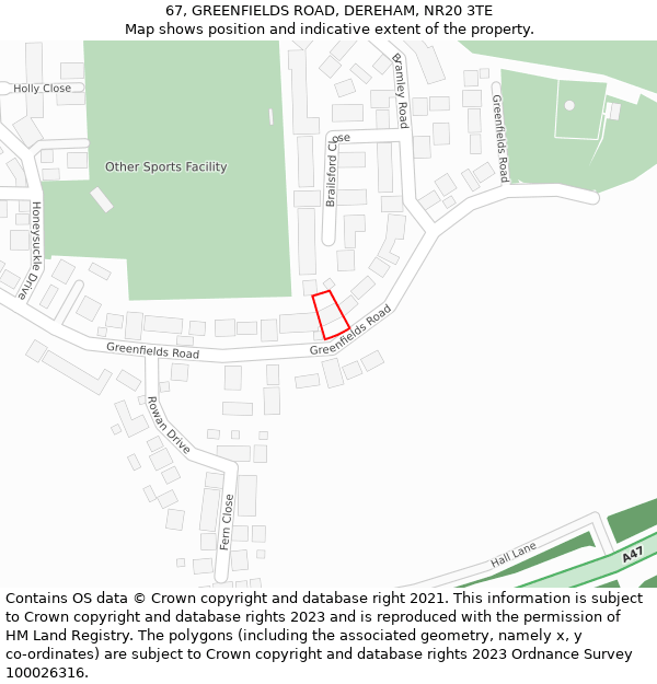 67, GREENFIELDS ROAD, DEREHAM, NR20 3TE: Location map and indicative extent of plot