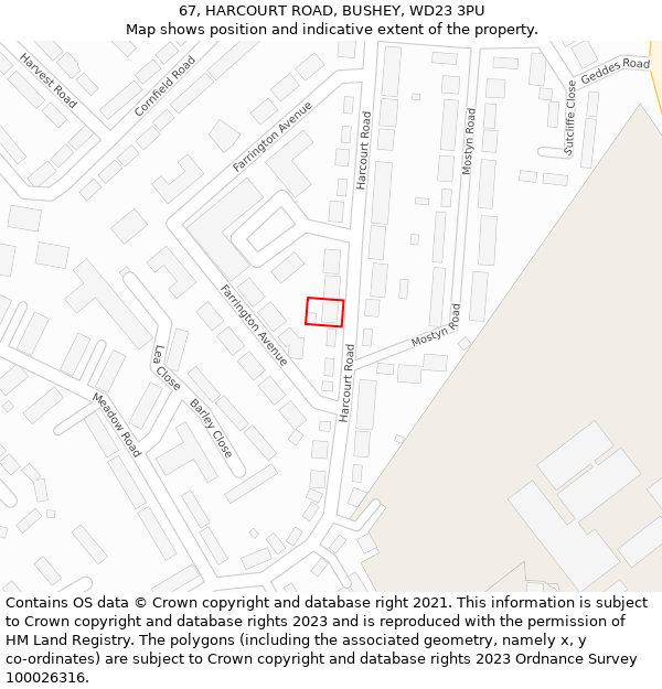 67, HARCOURT ROAD, BUSHEY, WD23 3PU: Location map and indicative extent of plot