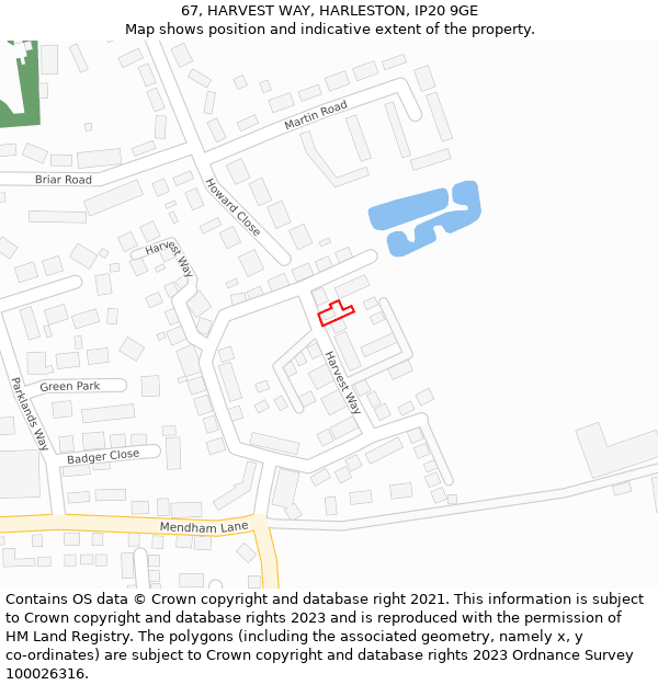 67, HARVEST WAY, HARLESTON, IP20 9GE: Location map and indicative extent of plot