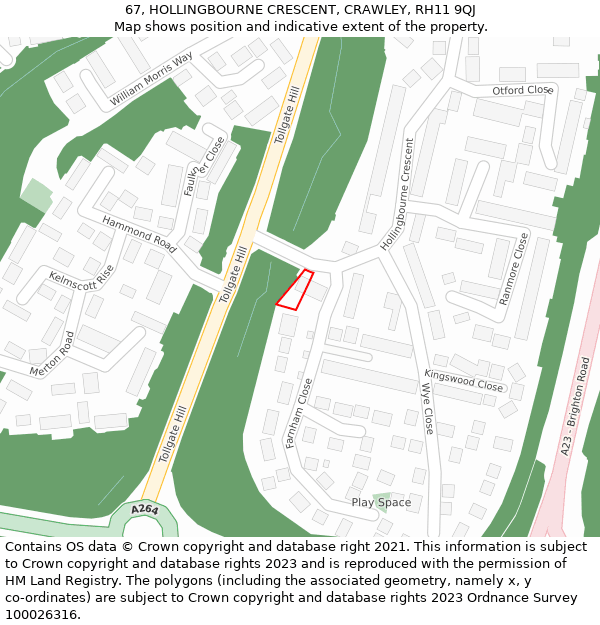 67, HOLLINGBOURNE CRESCENT, CRAWLEY, RH11 9QJ: Location map and indicative extent of plot