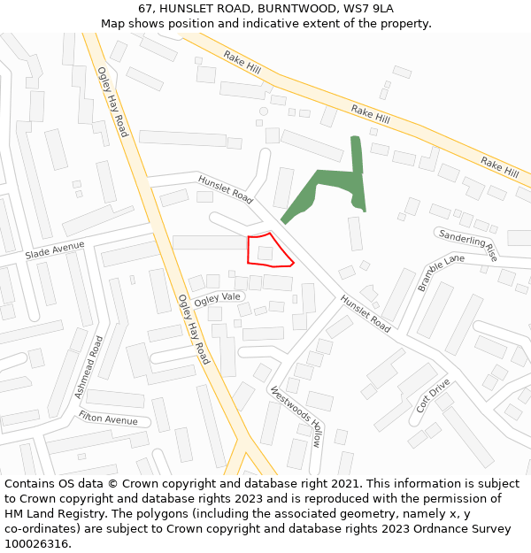 67, HUNSLET ROAD, BURNTWOOD, WS7 9LA: Location map and indicative extent of plot