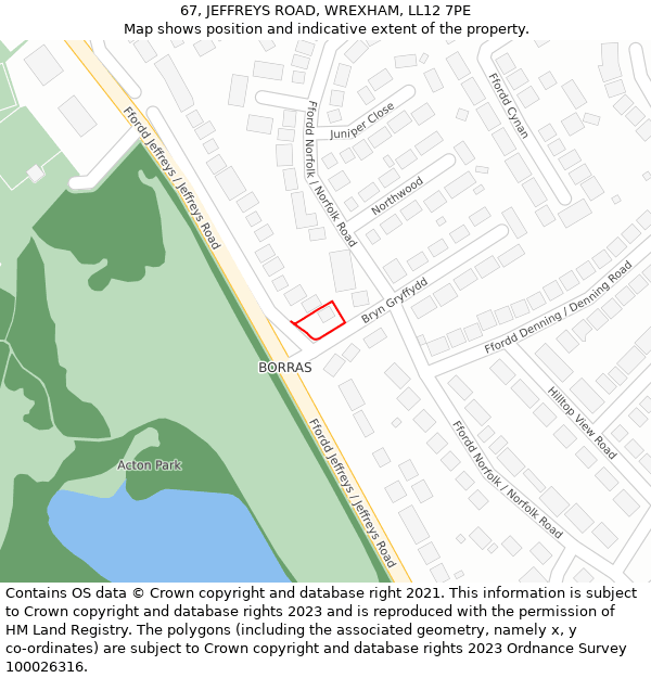 67, JEFFREYS ROAD, WREXHAM, LL12 7PE: Location map and indicative extent of plot