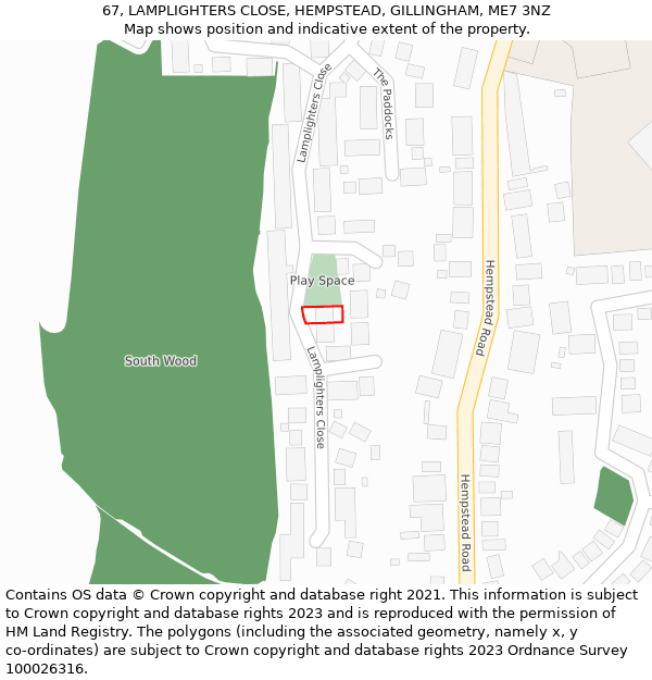 67, LAMPLIGHTERS CLOSE, HEMPSTEAD, GILLINGHAM, ME7 3NZ: Location map and indicative extent of plot