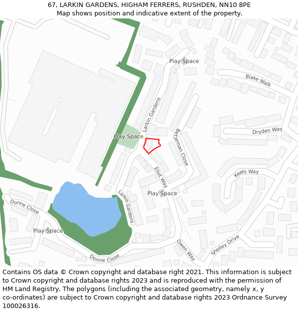 67, LARKIN GARDENS, HIGHAM FERRERS, RUSHDEN, NN10 8PE: Location map and indicative extent of plot