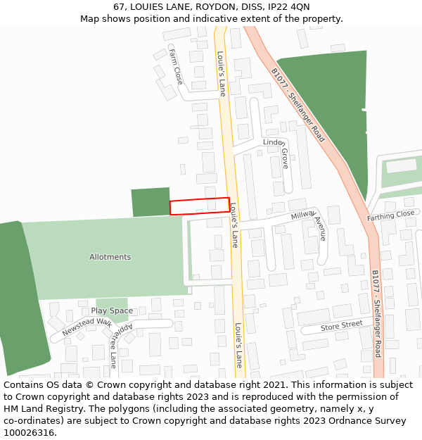 67, LOUIES LANE, ROYDON, DISS, IP22 4QN: Location map and indicative extent of plot