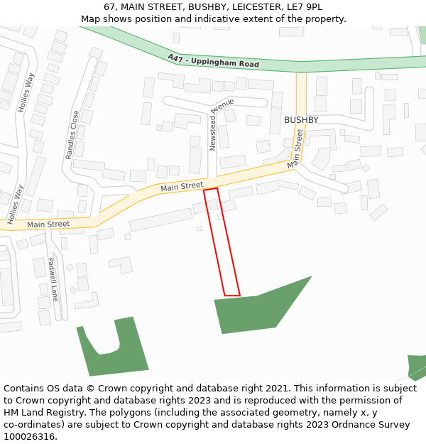 67, MAIN STREET, BUSHBY, LEICESTER, LE7 9PL: Location map and indicative extent of plot