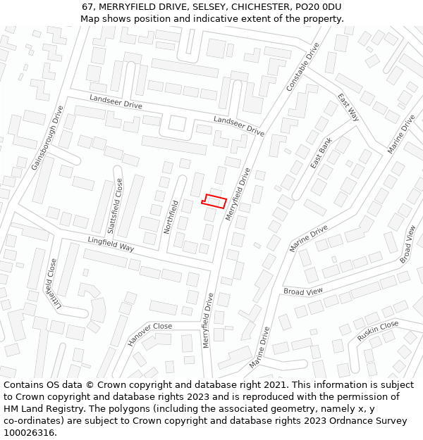 67, MERRYFIELD DRIVE, SELSEY, CHICHESTER, PO20 0DU: Location map and indicative extent of plot