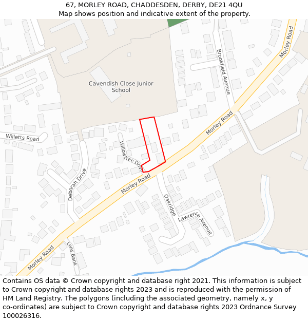 67, MORLEY ROAD, CHADDESDEN, DERBY, DE21 4QU: Location map and indicative extent of plot