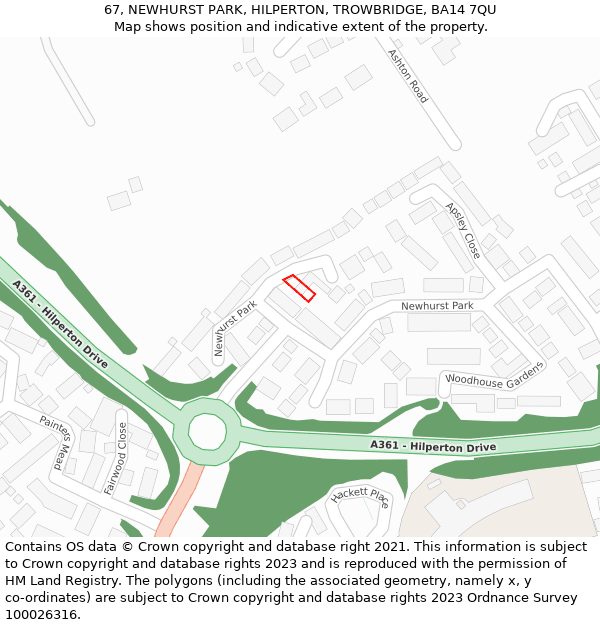 67, NEWHURST PARK, HILPERTON, TROWBRIDGE, BA14 7QU: Location map and indicative extent of plot