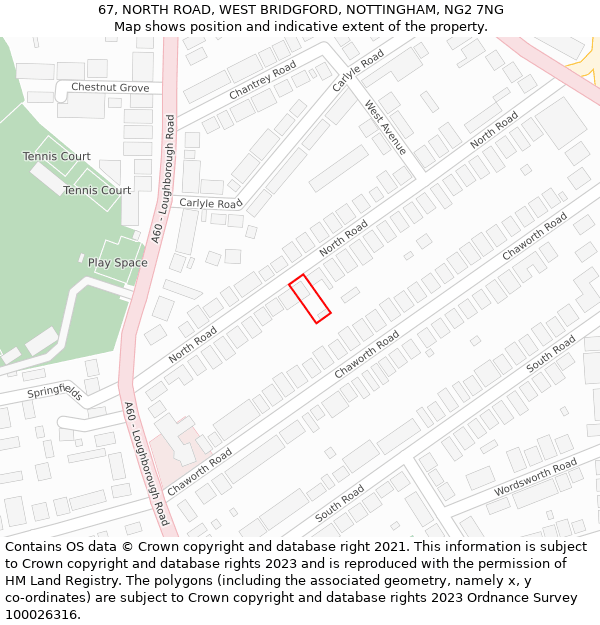 67, NORTH ROAD, WEST BRIDGFORD, NOTTINGHAM, NG2 7NG: Location map and indicative extent of plot