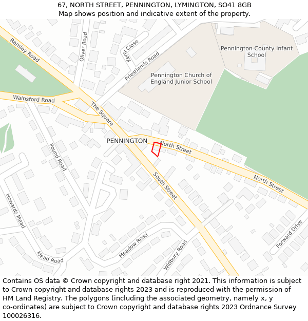 67, NORTH STREET, PENNINGTON, LYMINGTON, SO41 8GB: Location map and indicative extent of plot