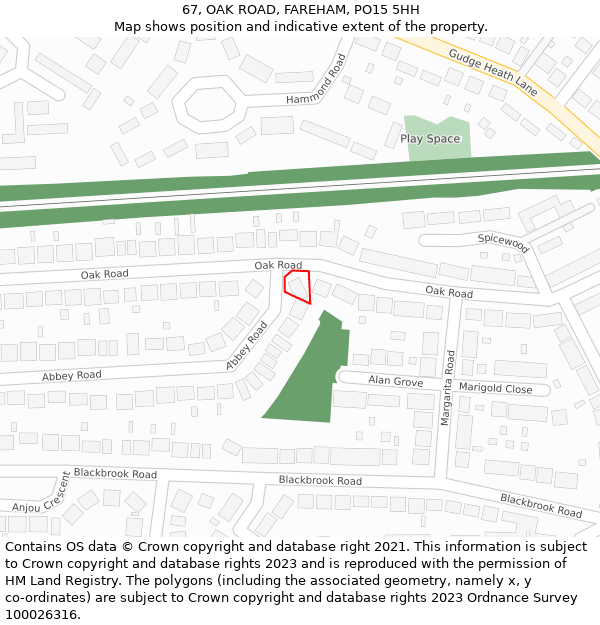 67, OAK ROAD, FAREHAM, PO15 5HH: Location map and indicative extent of plot