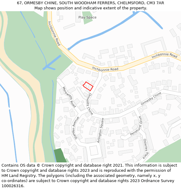 67, ORMESBY CHINE, SOUTH WOODHAM FERRERS, CHELMSFORD, CM3 7AR: Location map and indicative extent of plot