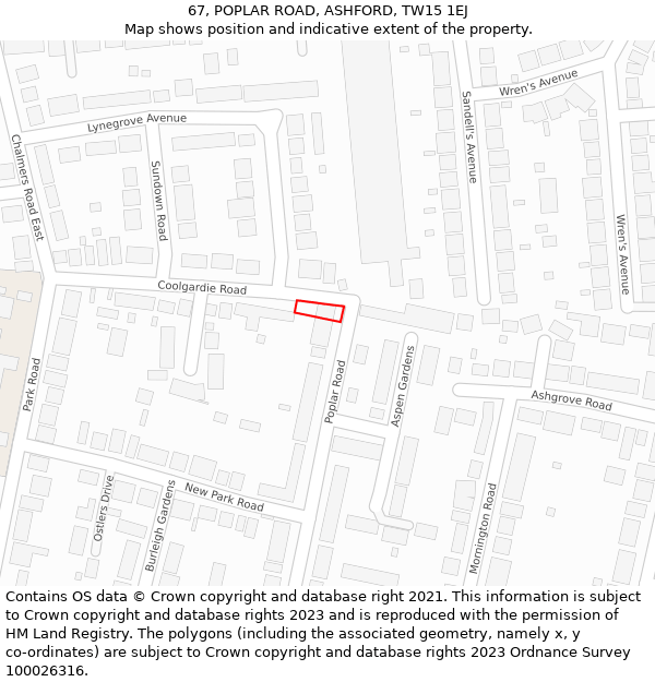 67, POPLAR ROAD, ASHFORD, TW15 1EJ: Location map and indicative extent of plot