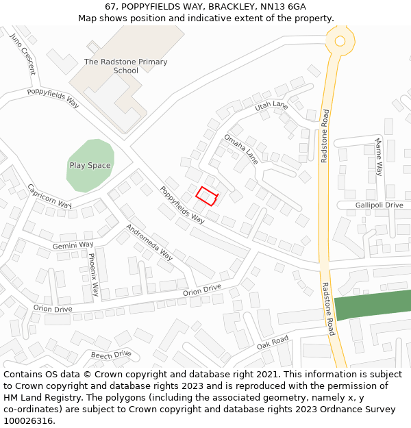 67, POPPYFIELDS WAY, BRACKLEY, NN13 6GA: Location map and indicative extent of plot